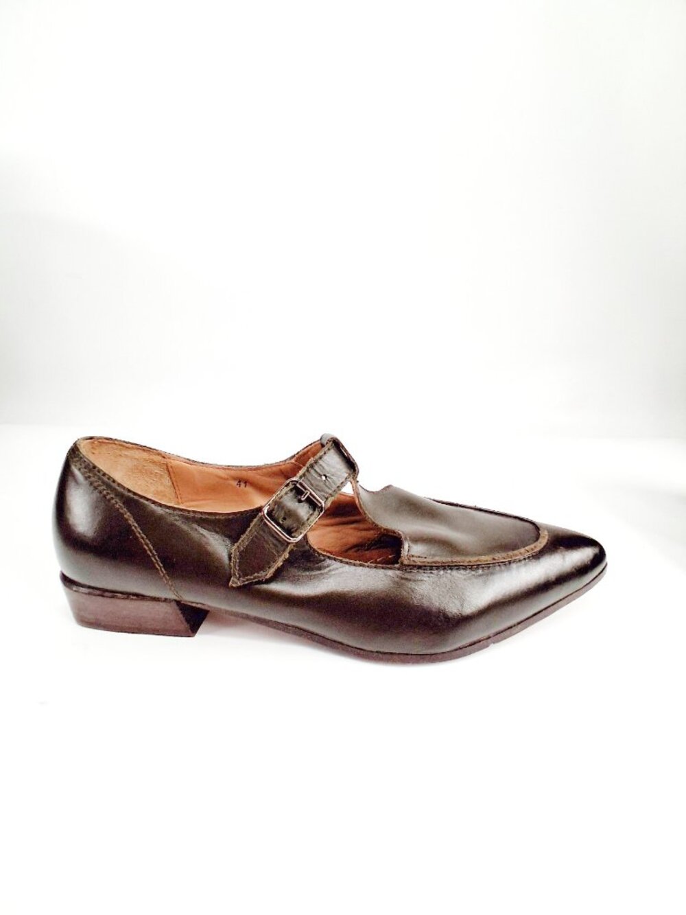 MOMA Handmade Leather Mary Jane T Strap Shoes Pointed Toe Brown EU 41 Italy - Picture 2 of 14